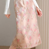 Elegant Floral and Bird Jacquard Midi Skirt