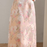 Elegant Floral and Bird Jacquard Midi Skirt