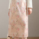 Elegant Floral and Bird Jacquard Midi Skirt