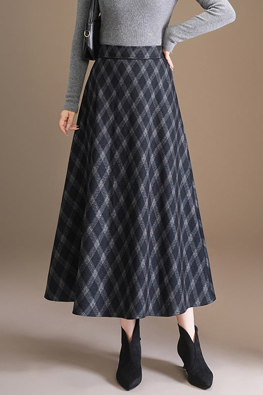 Casual Versatile Plaid Woolen Midi Skirt