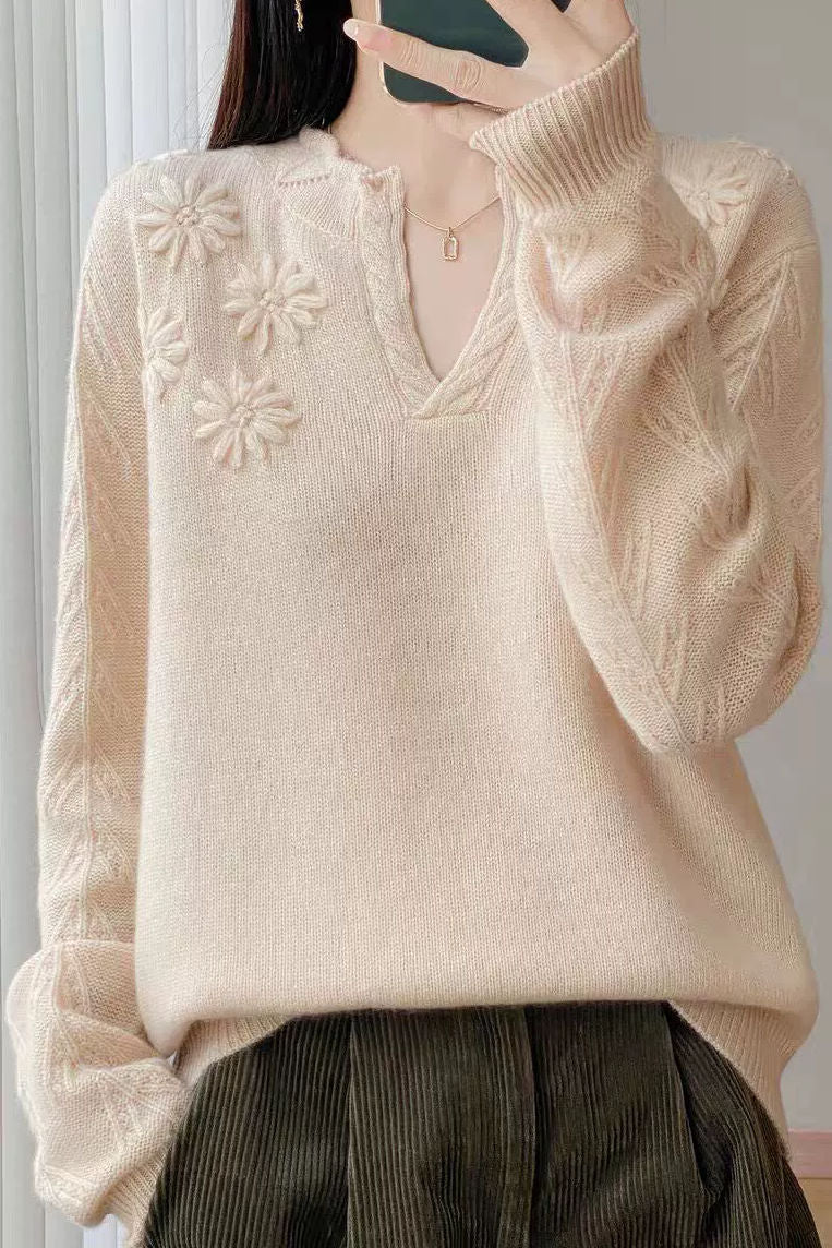 Casual Versatile Solid-Color Floral Jacquard Knitted Top