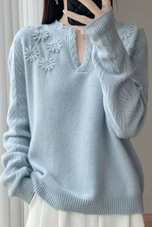 Casual Versatile Solid-Color Floral Jacquard Knitted Top