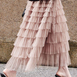 Casual Versatile Layered Ruffled Mesh Tiered Midi Skirt