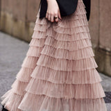 Casual Versatile Layered Ruffled Mesh Tiered Midi Skirt