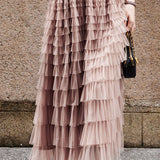 Casual Versatile Layered Ruffled Mesh Tiered Midi Skirt