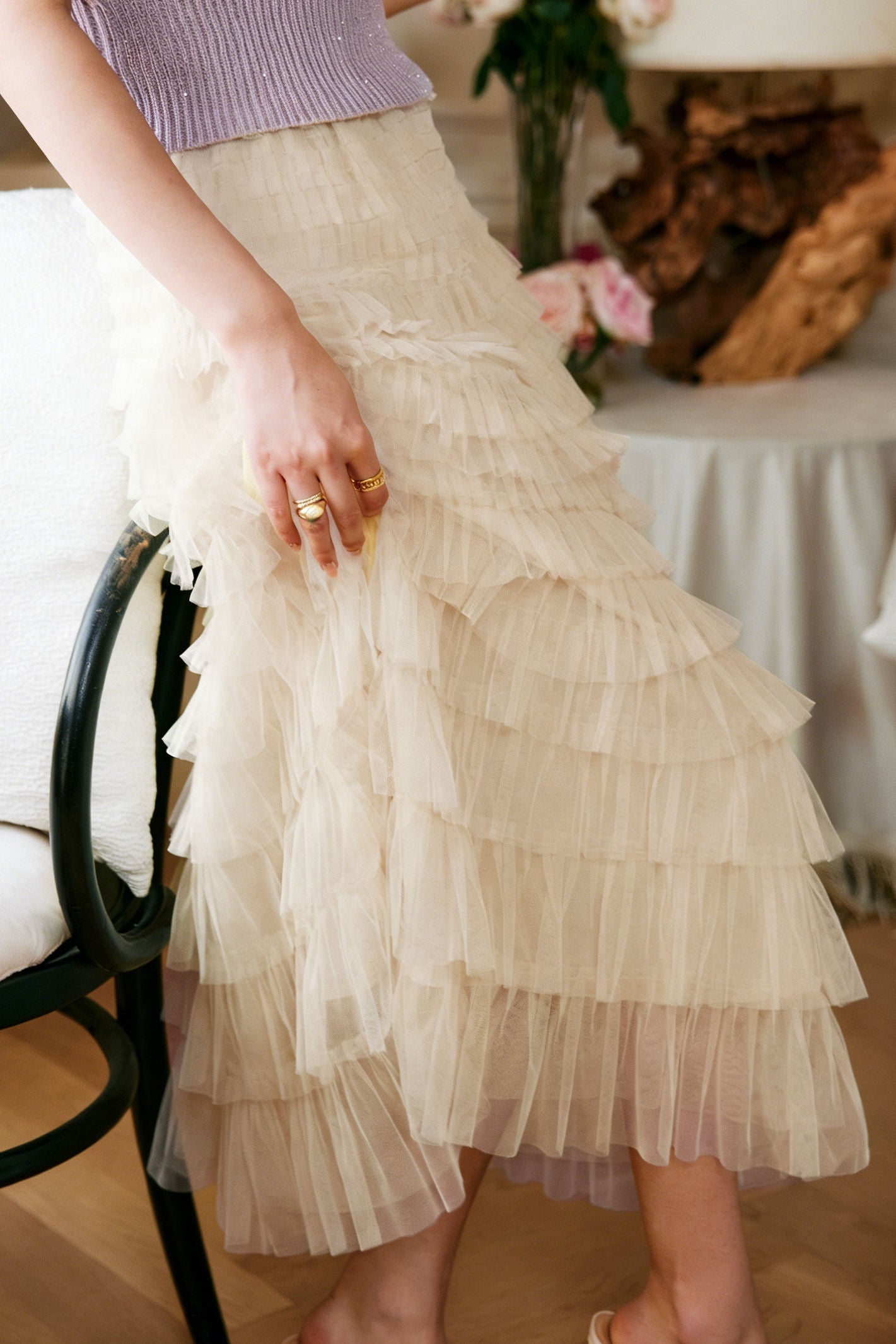 Casual Versatile Layered Ruffled Mesh Tiered Midi Skirt