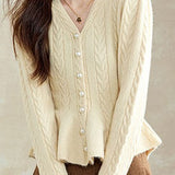 Casual Solid-Color Pearl Button Cable-Knit Ruffled Cardigan