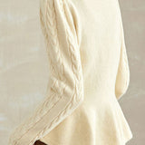 Casual Solid-Color Pearl Button Cable-Knit Ruffled Cardigan