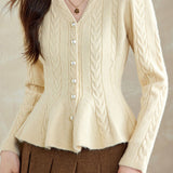 Casual Solid-Color Pearl Button Cable-Knit Ruffled Cardigan