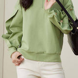 Casual Ruffled Trim Button-Decorated Sweatshirt