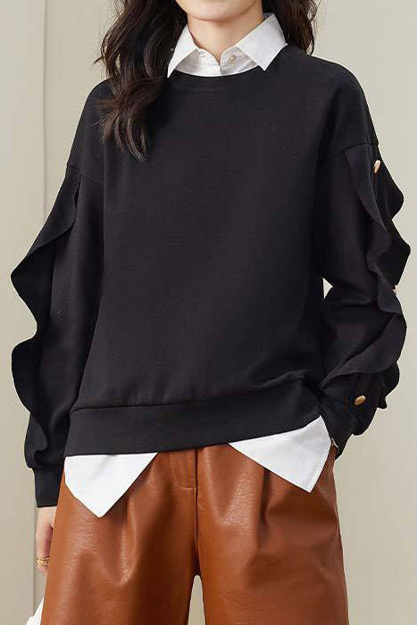 Casual Ruffled Trim Button-Decorated Sweatshirt
