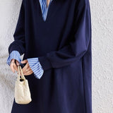 Casual Striped Fake Two-Piece Half-Placket Dress