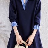 Casual Striped Fake Two-Piece Half-Placket Dress