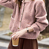 Casual Versatile Crew Neck Single-Breasted Flecked Knitted Cardigan