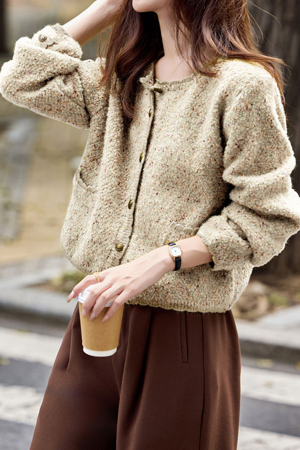 Casual Versatile Crew Neck Single-Breasted Flecked Knitted Cardigan