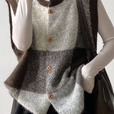 Casual Retro Plaid Crew Neck Sleeveless Knitted Vest Cardigan