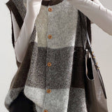 Casual Retro Plaid Crew Neck Sleeveless Knitted Vest Cardigan