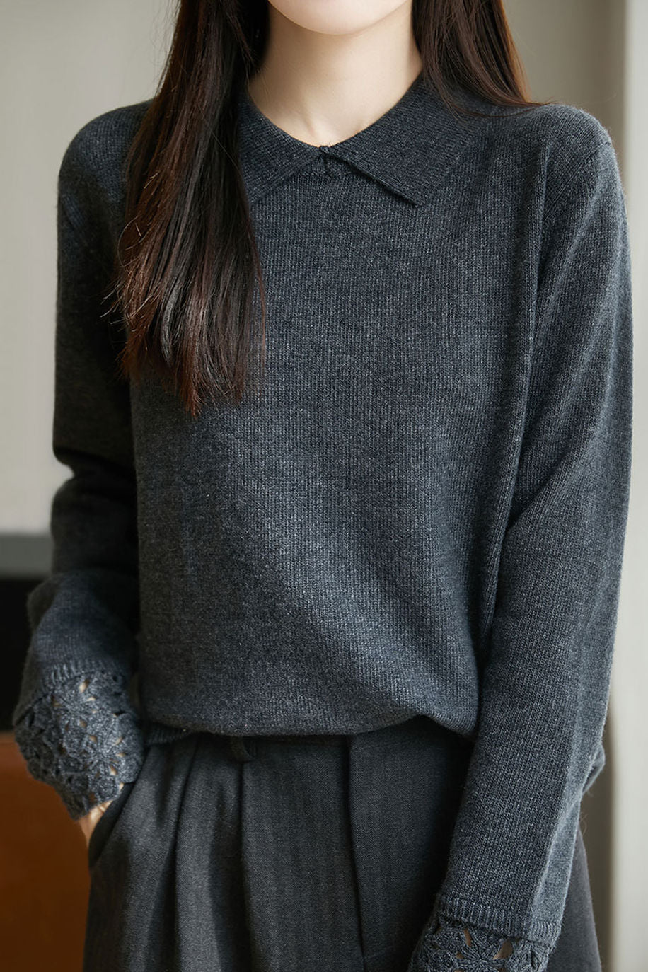 Casual Versatile Hollow-Out Pattern Lapel Knitted Top