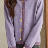 Casual Versatile Metal Button Color-Block Knitted Cardigan