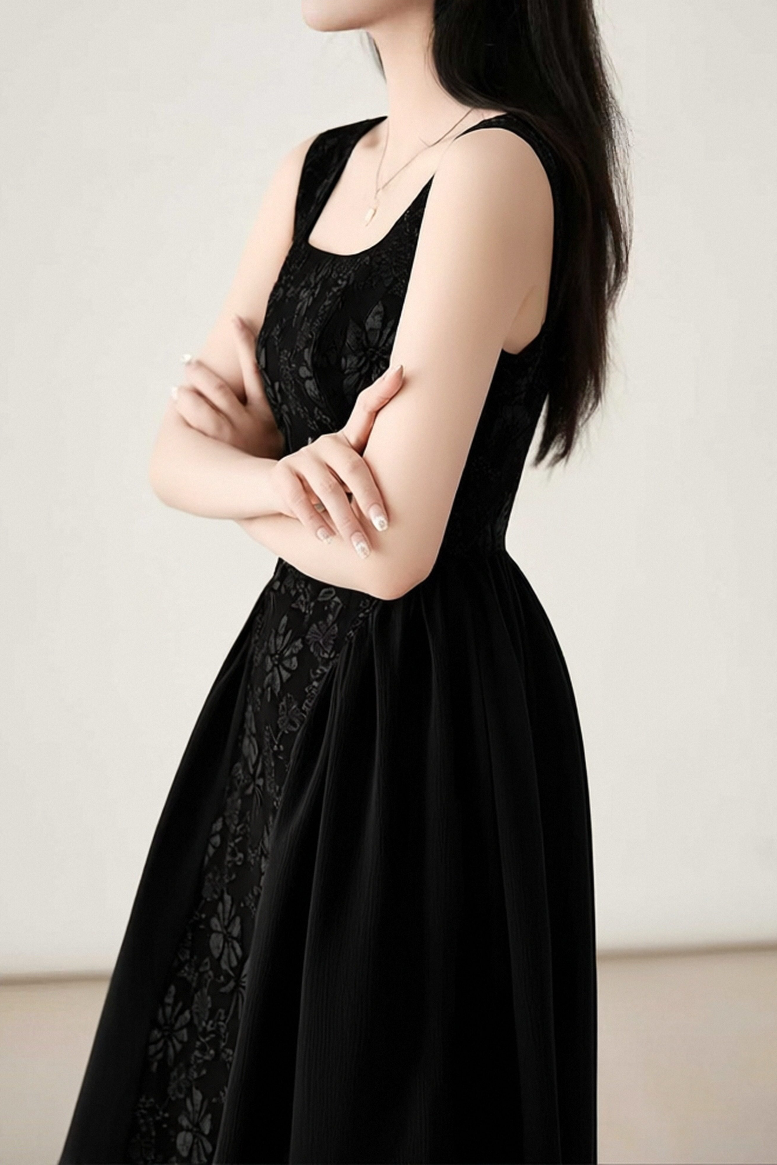 Elegant Square Neck Floral Jacquard Midi Dress liwisi Elegant Square Neck Floral Jacquard Midi Dress liwisi