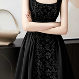 Elegant Square Neck Floral Jacquard Midi Dress