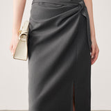 Commuter Pleated Tie-Knot Split Midi Skirt