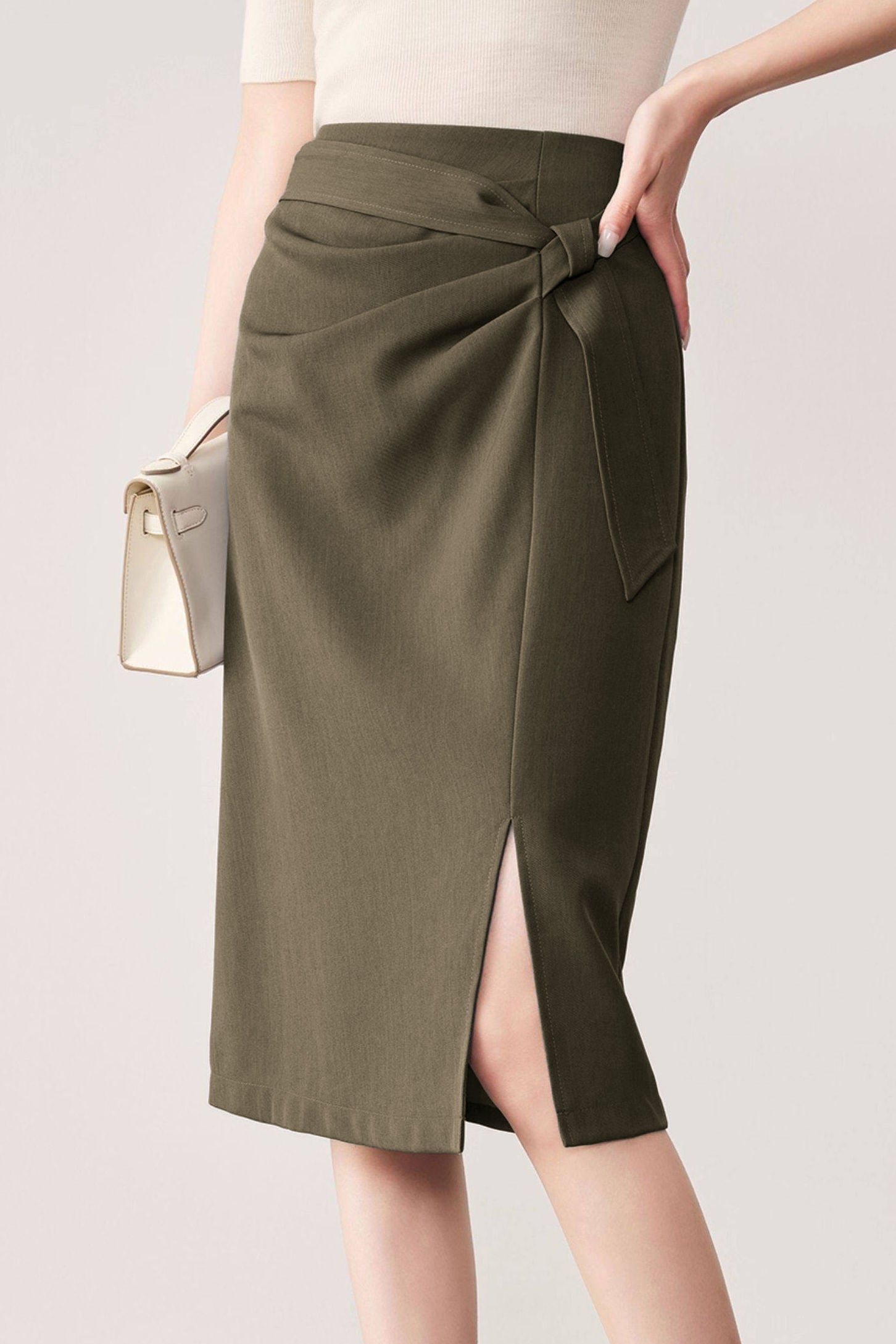 Commuter Pleated Tie-Knot Split Midi Skirt