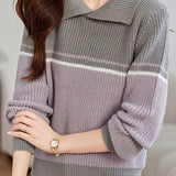 Casual Versatile Color-Block Lapel Pullover Knitted Top