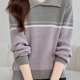 Casual Versatile Color-Block Lapel Pullover Knitted Top