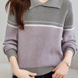 Casual Versatile Color-Block Lapel Pullover Knitted Top