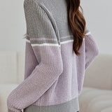 Casual Versatile Color-Block Lapel Pullover Knitted Top