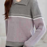 Casual Versatile Color-Block Lapel Pullover Knitted Top