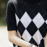 Casual Retro Color-Block Argyle Turtleneck Knitted Top