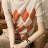 Casual Retro Color-Block Argyle Turtleneck Knitted Top