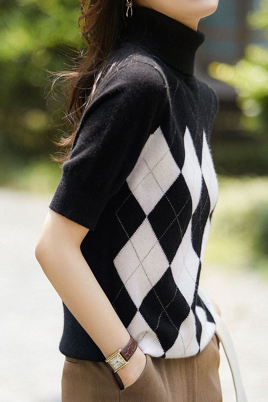 Casual Retro Color-Block Argyle Turtleneck Knitted Top