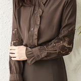 Casual Commuter Embroidered Hollow-Out Ruffled Solid-Color Shirt