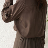 Casual Commuter Embroidered Hollow-Out Ruffled Solid-Color Shirt