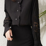 Casual Commuter Embroidered Hollow-Out Ruffled Solid-Color Shirt