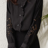 Casual Commuter Embroidered Hollow-Out Ruffled Solid-Color Shirt