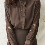 Casual Commuter Embroidered Hollow-Out Ruffled Solid-Color Shirt