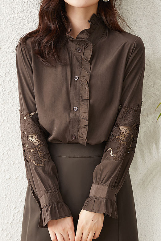 Casual Commuter Embroidered Hollow-Out Ruffled Solid-Color Shirt