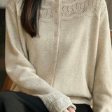 Casual Hollow-Out Jacquard Solid-Color Half-High Neck Knitted Cardigan