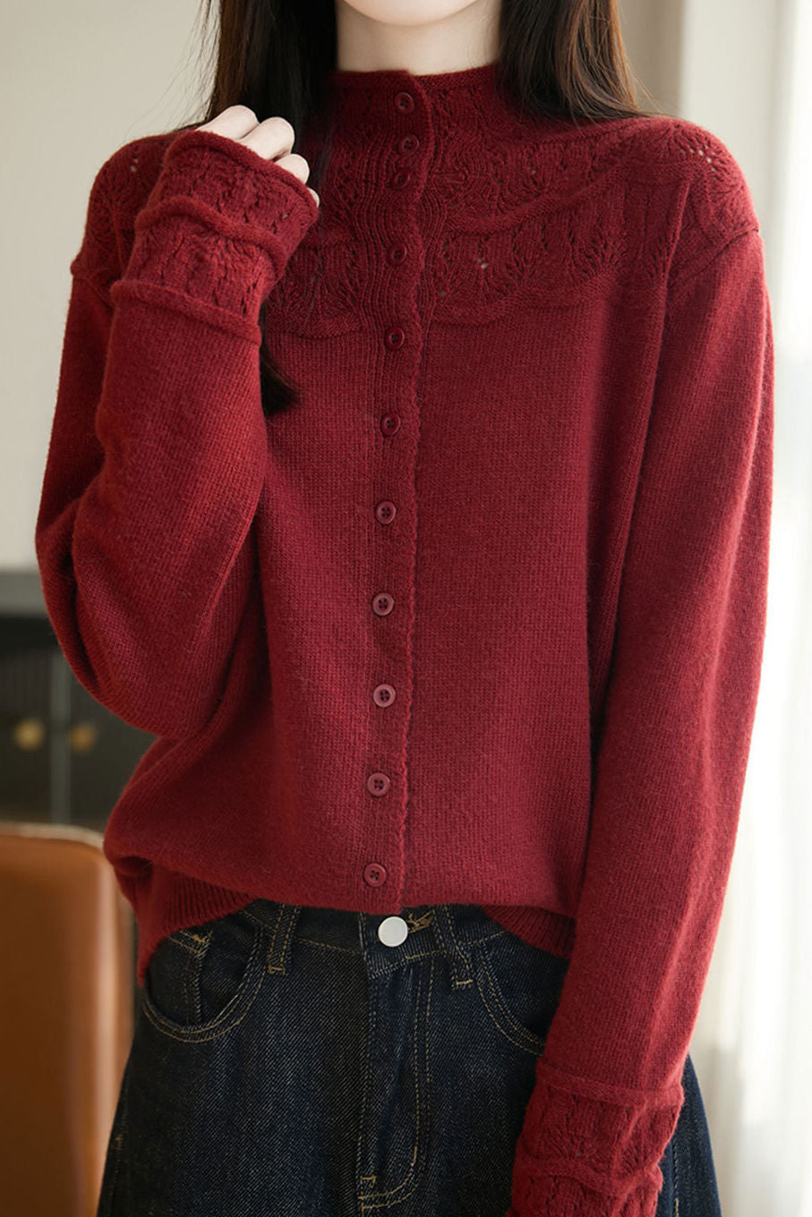 Casual Hollow-Out Jacquard Solid-Color Half-High Neck Knitted Cardigan