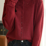 Casual Hollow-Out Jacquard Solid-Color Half-High Neck Knitted Cardigan