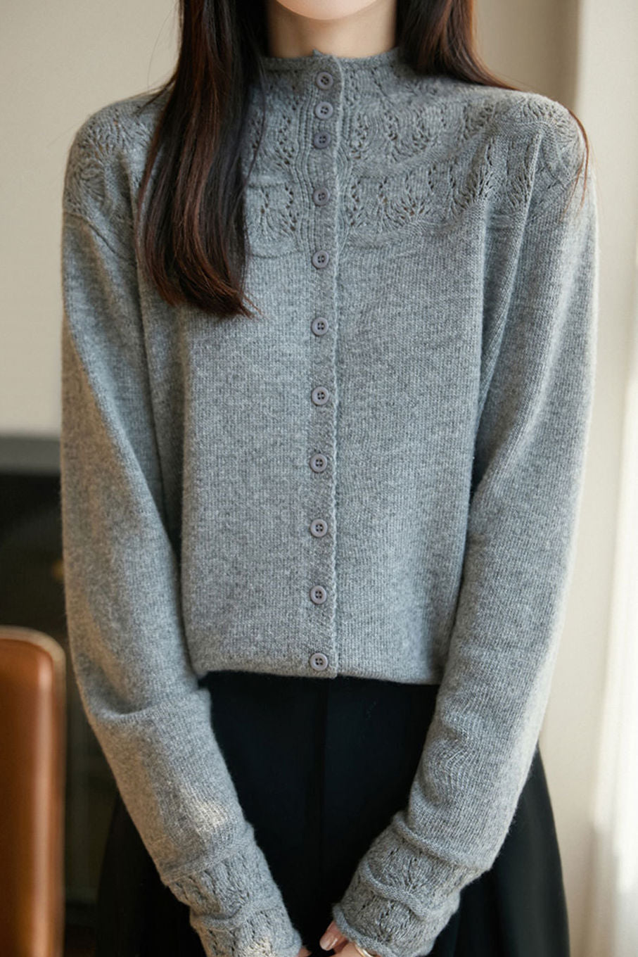 Casual Hollow-Out Jacquard Solid-Color Half-High Neck Knitted Cardigan