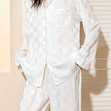 Casual Loungewear Ice Silk Lapel Plaid Jacquard Pajama Set