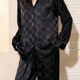 Casual Loungewear Ice Silk Lapel Plaid Jacquard Pajama Set