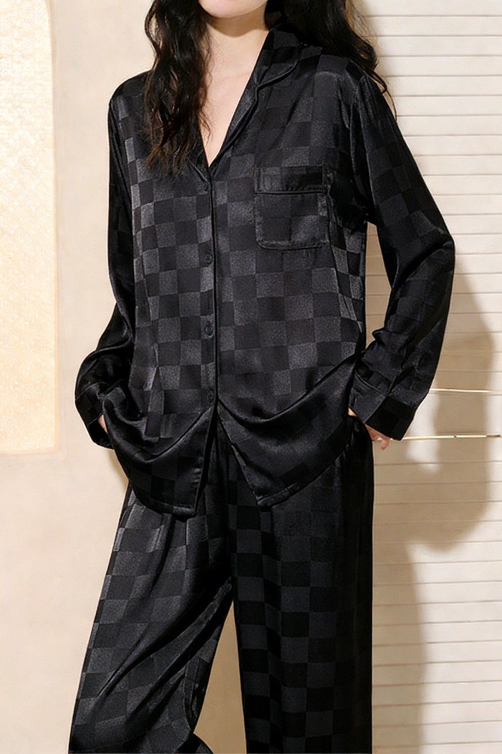 Casual Loungewear Ice Silk Lapel Plaid Jacquard Pajama Set