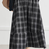 Casual Black and White Plaid Elastic-Waist A-Line Flare Skirt