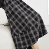 Casual Black and White Plaid Elastic-Waist A-Line Flare Skirt